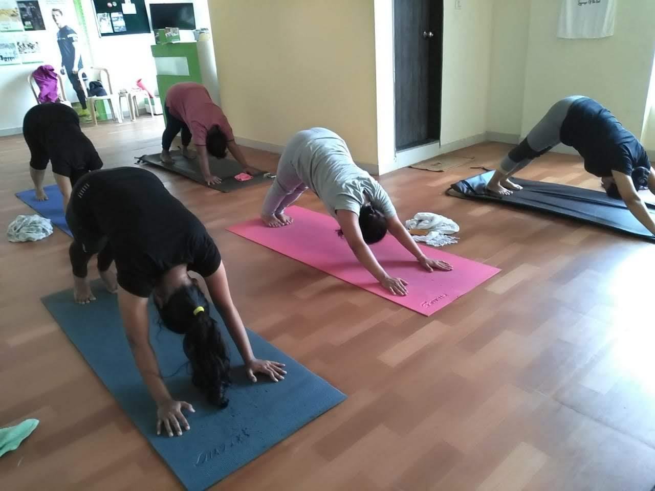 LiveFit members practicing yoga stretches on studio mats